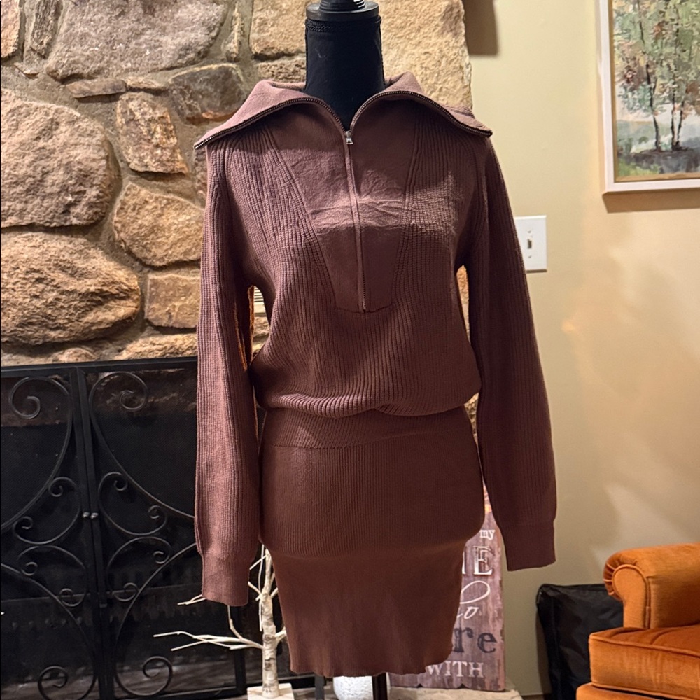Chic Long Sleeve Brown Knit Dress